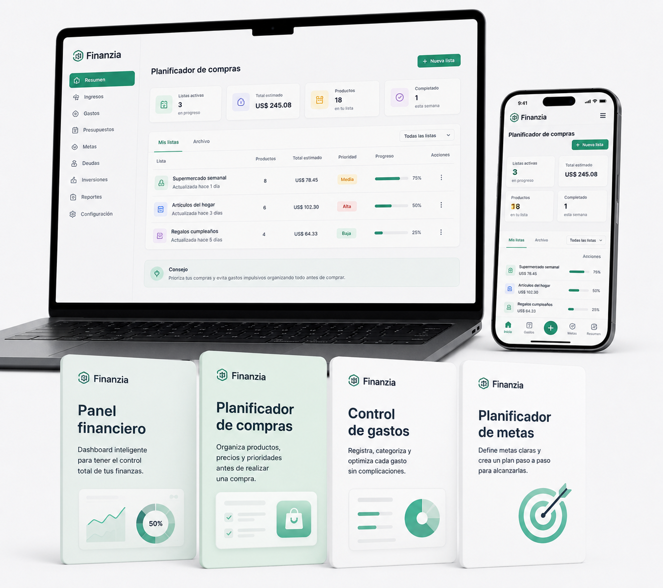 Mockup del kit completo Finanzia con dashboard en laptop y smartphone